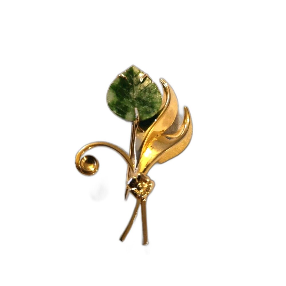 Vintage Sorrento  1/20 12 KT GF Filigree Leaf Pin With Genuine Jade Leaf 2" L